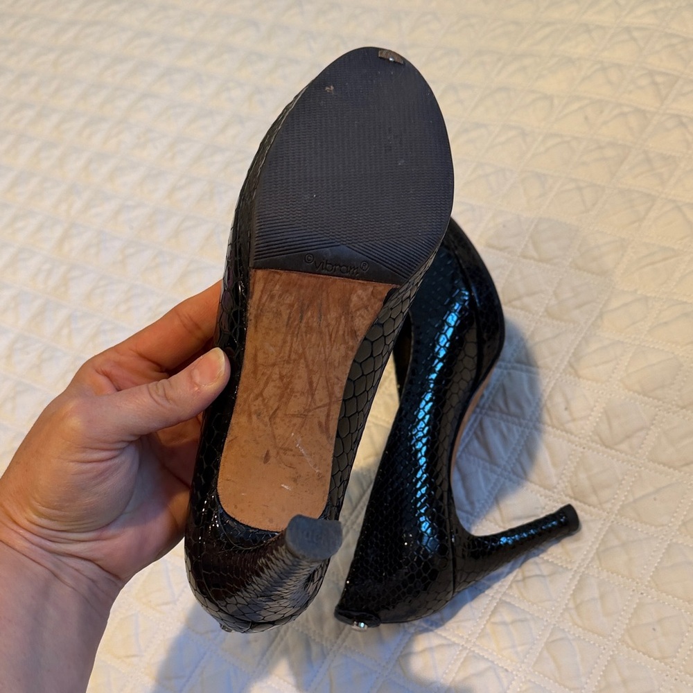 Stuart Weitzman Black Patent Python Peep-Toe Heels - image 6